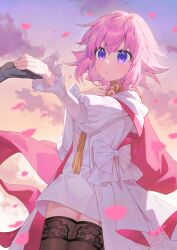 1girl 1other :o binato_lulu blush bow brown_thighhighs cape choujigen_game_neptune cosplay cosplay_request dress final_fantasy final_fantasy_brave_exvius final_fantasy_xiv highres long_sleeves medium_hair neptune_(neptunia) neptune_(series) open_mouth pink_cape pink_hair purple_eyes short_hair thighhighs white_bow white_dress white_hood
