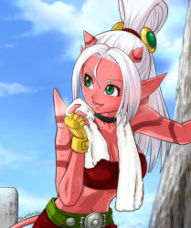 1girl :d belt breasts choker cleavage dragon_quest dragon_quest_x female_focus fingerless_gloves gloves green_eyes hair_ornament high_ponytail horns large_breasts leaning_forward long_hair looking_at_viewer maiyu_(dq10) midriff ogre_(dq10) open_mouth pointy_ears ponytail smile solo spikes sweat tail tattoo towel towel_around_neck ur_(wulfa) white_hair