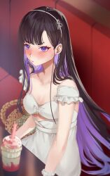 1girl asymmetrical_bangs bag black_hair blush breasts cleavage closed_mouth collarbone colored_inner_hair covered_navel cup dress drinking_straw eunhwa_(nikke) eunhwa_(tactical_upgrade)_(day_off)_(nikke) eunhwa_(tactical_upgrade)_(nikke) goddess_of_victory:_nikke hairband handbag highres long_hair medium_breasts multicolored_hair official_alternate_costume purple_eyes purple_hair sakae_nikebaraba scrunchie sitting smoothie solo underboob white_dress wrist_ruff wrist_scrunchie