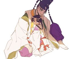 2boys black_hair child closed_mouth covering_own_mouth curtained_hair full_body green_eyes grey_streaks hakama hakama_pants hand_on_another&#039;s_chest hand_on_own_knee height_difference highres houjou_tokiyuki_(nige_jouzu_no_wakagimi) japanese_clothes kariginu knee_up kuromiya_yuneko long_hair long_sleeves looking_at_viewer looking_back male_focus multiple_boys nige_jouzu_no_wakagimi pants parted_bangs ponytail purple_eyes purple_hakama raised_eyebrows red_hakama red_sash ribbon-trimmed_sleeves ribbon_trim sash shadow sidelocks_tied_back simple_background sitting suwa_yorishige_(nige_jouzu_no_wakagimi) tabi very_long_hair wariza white_background wide_sleeves