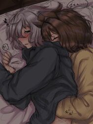 Rule 34 | 2girls, agnes tachyon (umamusume), ahoge, animal ears, blue eyes, blush, brown hair, closed eyes, commentary, female trainer (umamusume), grey hair, grey shirt, hair between eyes, highres, hisagi (hisagi00), horse ears, horse girl, multiple girls, nose blush, on bed, open mouth, profile, shirt, short hair, sketch, sleeping, symbol-only commentary, trainer (umamusume), umamusume, upper body, yellow shirt, yuri, zzz