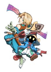 Rule 34 | 2boys, absurdres, blonde hair, blue coat, blue eyes, boots, coat, commentary, final fantasy, final fantasy ix, gloves, grey gloves, hat, highres, holding, holding staff, holding weapon, looking at viewer, low ponytail, male focus, medium hair, multiple boys, pants, ponytail, shirt, short hair, smile, staff, striped clothes, striped pants, vest, vivi ornitier, weapon, white background, wizard hat, yellow eyes, zidane tribal, zupakyo