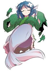 1girl alphes_(style) blue_hair blush breasts closed_eyes closed_mouth commentary_request dairi defeat drill_hair fins frilled_kimono frills full_body green_kimono hands_up head_fins japanese_clothes kimono large_breasts large_variant_set mermaid monster_girl parody solo style_parody sweatdrop torn_clothes touhou transparent_background variant_set wakasagihime wide_sleeves