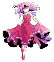 Rule 34 | 1girl, alphes (style), bare arms, bare shoulders, breasts, closed mouth, commentary request, dairi, dress, floating hair, full body, large variant set, leg up, lifting own clothes, looking at viewer, medium breasts, one side up, parody, pink eyes, pink hair, pom pom (clothes), red dress, red shoes, sara (touhou), shaded face, shoes, short hair, skirt hold, sleeveless, sleeveless dress, solo, style parody, touhou, touhou (pc-98), transparent background, turtleneck, v-shaped eyebrows, variant set