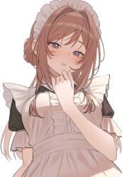 07nono06 1girl :o absurdres alternate_costume apron black_shirt blue_eyes blush brown_hair center_frills commentary_request enmaided frilled_apron frills gakuen_idolmaster highres himesaki_rinami idolmaster long_hair looking_at_viewer maid maid_apron maid_headdress puffy_short_sleeves puffy_sleeves shirt short_sleeves simple_background solo upper_body white_apron white_background