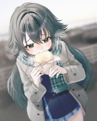 1girl steamed_bun blue_overskirt blue_skirt blue_vest blush coat commentary_request eating food gakuen_idolmaster green_eyes green_hair green_scarf grey_coat hair_flaps hatsuboshi_gakuen_school_uniform highres holding holding_food idolmaster long_hair open_clothes open_coat pleated_skirt scarf school_uniform skirt skirt_set solo steam tsukimura_temari ume_(yuuki-110813) very_long_hair vest