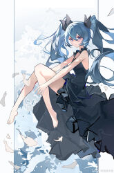 Rule 34 | 1girl, absurdres, bare arms, bare shoulders, barefoot, bilibili logo, black dress, black ribbon, blue eyes, blue hair, chinese commentary, commentary request, dress, feet, floating, full body, hair between eyes, hair ribbon, hatsune miku, highres, long hair, looking at viewer, ribbon, shinkai shoujo (vocaloid), sketch, sleeveless, sleeveless dress, smile, solo, tan ji shi mi shou, toes, vocaloid, watermark