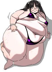 Rule 34 | 1girl, :3, anklet, areola slip, belly, big belly, bikini, black hair, bracelet, breasts, brown eyes, dog tags, fat, fat rolls, fat woman, from above, glasses, hair ornament, hand on own thigh, highleg, highleg bikini, jewelry, ki-da (ipkcte5b0htjned), long hair, lying, medium breasts, navel, necklace, obese, on side, original, purple bikini, round eyewear, shiny clothes, smile, solo, stretch marks, swimsuit, thick arms, thick thighs, thighs, twintails, white background
