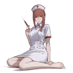 1girl alternate_costume barefoot braid breasts chainsaw_man collared_dress commentary dress english_commentary feet full_body hair_between_eyes hair_over_shoulder hand_on_own_leg hand_up hat holding holding_needle legs long_hair looking_at_viewer makima_(chainsaw_man) medium_breasts needle nurse nurse_cap on_ground orange_hair shadow short_dress short_sleeves simple_background solo timruya toes white_background white_dress white_hat