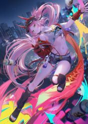 1girl absurdres asymmetrical_sleeves baseball_cap belt black_hat black_shorts black_visor breasts celtreny cityscape crop_top fishnet_top fishnets gloves graffiti green_eyes hat horned_hat highres honkai:_star_rail honkai_(series) horned_hat jacket long_hair long_sleeves medium_breasts midriff mismatched_sleeves navel pink_hair rappa_(honkai:_star_rail) red_arm_warmers red_jacket red_scarf scarf shirt shorts single_glove single_sleeve_past_wrist spray_can tied_shirt toeless_legwear uneven_sleeves very_long_hair white_belt white_shirt wrist_belt