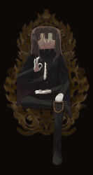 2boys absurdres beads black_background black_cloak black_eyes black_jacket black_pants black_shoes brothers brown_eyes brown_hair cloak conjoined extra_arms frown gakuran geminism gloves grin highres holding jacket long_hair male_focus multiple_boys multiple_heads ok_sign pants prayer_beads school_uniform shoes shonocondo siblings smile spoilers tsukishiro_tsukishiro twins white_gloves yamaga_awasumi