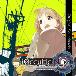 1boy 1girl bag breasts brown_coat brown_eyes brown_hair brown_jacket closed_eyes coat gamon_yuuta hair_ornament hairclip highres huge_breasts impossible_clothes jacket looking_back multicolored_coat narusawa_ryouka occultic;nine official_art open_mouth pako_(pakosun) plaid_clothes plaid_skirt pleated_skirt purple_bag school_bag science_adventure short_hair skirt teeth tongue upper_teeth_only yellow_coat