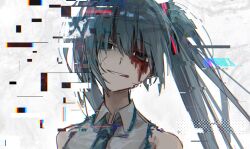 1girl aqua_eyes aqua_hair blood blood_on_face empty_eyes glitch grey_shirt grin hatsune_miku highres long_hair pikusu shirt sleeveless sleeveless_shirt smile solo teeth twintails upper_body vocaloid white_background