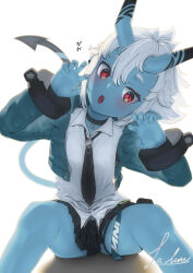 1girl bare_legs black_choker black_necktie black_skirt blue_nails blue_skin blush choker claw_pose collared_shirt colored_skin cropped_jacket demon_horns demon_tail ear_piercing green_jacket hair_between_eyes head_tilt highres horns jacket looking_at_viewer lu_lune necktie oni open_clothes open_jacket open_mouth piercing pleated_skirt pointy_ears red_eyes shirt short_eyebrows short_hair sitting skirt solo soukaku_(zenless_zone_zero) tail thick_eyebrows thighs untucked_shirt white_background white_hair white_shirt zenless_zone_zero