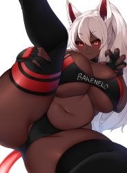 1girl absurdres animal_ears black_panties black_sclera black_sports_bra black_thighhighs breasts cat_ears cat_girl claw_pose cleavage coco_(bakeneko) colored_sclera commission curvy dark-skinned_female dark_skin fang fingerless_gloves gloves hair_between_eyes highres huge_breasts long_hair looking_at_viewer navel orange_eyes original panties partially_visible_vulva plump ponytail red_eyes simple_background skeb_commission skin_fang smile solo sports_bra spread_legs suruga_(xsurugax) thick_thighs thighhighs thighs tsurime underboob underwear white_background white_hair