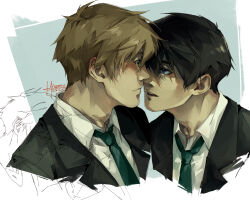 Rule 34 | 2boys, black hair, black jacket, blue eyes, blue necktie, blush, brown hair, closed mouth, collared shirt, commentary, cropped shoulders, english commentary, eye contact, free!, green eyes, highres, hinamie, jacket, looking at another, male focus, multiple boys, nanase haruka (free!), necktie, open mouth, parted bangs, school uniform, shirt, signature, suit jacket, tachibana makoto, teeth, touching forehead, unfinished, upper teeth only, white shirt, wing collar, yaoi