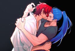 2boys black_background blue_hair buggy_the_clown closed_eyes clown_nose facepaint hand_on_another&#039;s_shoulder highres hug kiss male_focus multiple_boys one_piece red_hair shanks_(one_piece) shirt short_sleeves simple_background upper_body vamos_mk white_shirt yaoi