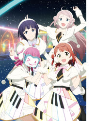 4girls ahoge artbook asaka_karin blue_eyes blunt_bangs bow dress hair_bun highres holding_hands long_hair looking_at_viewer love_live! love_live!_nijigasaki_high_school_idol_club mole multiple_girls non-web_source official_art pink_bow pink_hair purple_bow purple_hair rina-chan_board short_hair single_side_bun standing standing_on_one_leg swept_bangs tennoji_rina uehara_ayumu yellow_eyes zhong_lanzhu