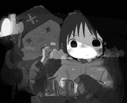 2girls absurdres chito_(shoujo_shuumatsu_ryokou) closed_mouth combat_helmet commentary gloves greyscale helmet highres holding holding_lamp holding_wrench jacket long_sleeves monochrome multiple_girls repairing shoujo_shuumatsu_ryokou siroa upper_body wrench yuuri_(shoujo_shuumatsu_ryokou)