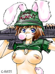 1girl animal_ears bandaid bandaids_on_nipples blowing_bubble_gum blowing_bubbles blue_eyes breasts brown_hair chewing_gum clothes_lift dog_tags ears_through_headwear female_focus gun helmet large_breasts m60_(machine_gun) machine_gun maguta military pasties rabbit_ears rabbit_tail rifle_cartridge shirt_lift solo tail weapon