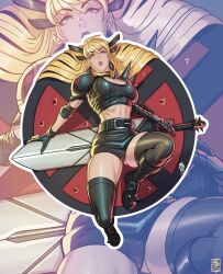 1girl acecore2k black_gloves blonde_hair blue_eyes breasts cleavage cleavage_cutout clothing_cutout crop_top gloves highres holding holding_sword holding_weapon huge_weapon long_hair looking_at_viewer magik_(x-men) marvel marvel_rivals midriff navel short_shorts shorts solo sword weapon x-men