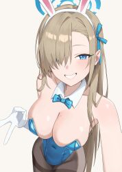 1girl a.l_(dpdldpf) animal_ear_hairband animal_ears asuna_(blue_archive) asuna_(bunny)_(blue_archive) bare_shoulders black_pantyhose blue_archive blue_bow blue_bowtie blue_eyes blue_leotard blue_ribbon blush bow bowtie breasts cleavage commentary detached_collar fake_animal_ears gloves grin hair_over_one_eye hair_ribbon hairband highres korean_commentary large_breasts leotard looking_at_viewer mole mole_on_breast official_alternate_costume pantyhose playboy_bunny rabbit_ear_hairband rabbit_ears ribbon smile solo strapless strapless_leotard white_gloves white_hairband
