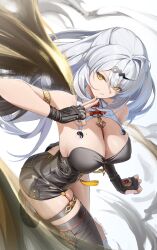 Rule 34 | 1girl, adapted costume, black gloves, black sleeves, black thighhighs, black unitard, breasts, fingerless gloves, gloves, highres, hino kagutsuki, kuji-in, large breasts, long hair, looking at viewer, mole, mole on breast, parted lips, simple background, single sleeve, single thighhigh, solo, strapless, thighhighs, white background, white hair, yellow eyes, yixuan (zenless zone zero), zenless zone zero