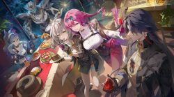 Rule 34 | 0jae, 1boy, 4girls, absurdres, alcohol, armor, black hair, black jacket, blade (honkai: star rail), breastplate, commentary, cup, cupping glass, dutch angle, eyewear on head, food, grey eyes, grey hair, helmet, highres, holding, holding cup, honkai: star rail, honkai (series), jacket, kafka (honkai: star rail), long hair, long sleeves, midriff, multiple girls, oak cake roll (honkai: star rail), pizza, pizza slice, ponytail, purple eyes, purple hair, sam (honkai: star rail), shirt, silver wolf (honkai: star rail), stelle (honkai: star rail), sunglasses, trailblazer (honkai: star rail), white shirt, wine