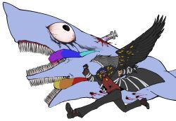 Rule 34 | 1other, arm up, armband, asymmetrical wings, black eyes, black gloves, black pants, black shoes, black wings, blood, blue hair, clenched hand, e.g.o (project moon), employee (project moon), extra mouth, gloves, highres, lobotomy corporation, mask, mismatched wings, nugget (project moon), pants, project moon, red sweater, running, shoes, simple background, sweater, syringe, the dreaming current, twilight (e.g.o), white background, white wings, wide-eyed, wings, yatsumeunagi