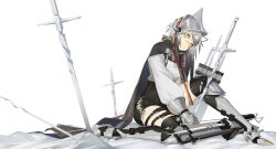 1girl absurdres arknights armored_boots black_cape black_shorts boots bow_(weapon) cape crossbow expressionless fartooth_(arknights) feather_hair full_body gauntlets grey_hair high-waist_shorts highres long_hair long_sleeves looking_at_viewer newflame planted planted_sword planted_weapon shorts solo sword visor_(armor) weapon white_background yellow_eyes