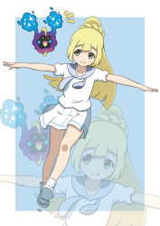 Rule 34 | 1girl, airplane arms, bakenokawa, blonde hair, closed mouth, commentary request, cosmog, eyelashes, gen 7 pokemon, green eyes, highres, legendary pokemon, lillie (pokemon), long hair, nintendo, outstretched arms, pleated skirt, pokemon, pokemon (creature), pokemon sm, ponytail, shirt, shoes, short sleeves, shout lines, sideways glance, skirt, smile, socks, spread arms, white shirt, white shoes, white skirt, white socks, zoom layer