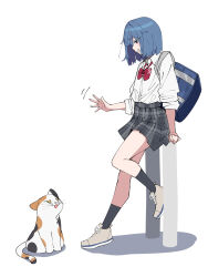 1girl absurdres animal bag black_skirt black_socks blue_hair cat commentary_request grey_shoes highres konno_you_(warabi_mochi_(w4rabimochi)) original plaid_clothes plaid_skirt school_bag school_uniform shoes skirt smile socks solo standing warabi_mochi_(w4rabimochi) white_background