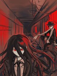 Rule 34 | 2boys, black hat, black jacket, black necktie, black pants, brown hair, casssstle12, collared shirt, danganronpa (series), danganronpa 2: goodbye despair, eyepatch, formal clothes, grey shirt, hat, highres, indoors, jacket, kamukura izuru, kuzuryu fuyuhiko, long hair, long sleeves, multiple boys, necktie, official alternate costume, pants, red eyes, shirt, window
