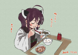 1girl :t ahoge blush bowl brown_hair chopsticks closed_eyes closed_mouth commentary_request dated eating food food_request green_background headgear holding holding_chopsticks holding_plate japanese_clothes kimono lamb_(hitsujiniku) long_sleeves obi plate rice rice_bowl sash smile solo touhoku_kiritan translation_request twintails upper_body voiceroid white_kimono wide_sleeves