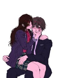 1boy 1girl black_hair blue_jacket blush business_suit commentary_request formal_clothes glasses hetero highres idolmaster idolmaster_shiny_colors jacket korean_commentary long_hair miniskirt mitsumine_yuika plaid_clothes plaid_skirt producer_(idolmaster) red_shirt shirt sitting sitting_on_lap sitting_on_person skirt striped_clothes striped_jacket suit vertical-striped_clothes vertical-striped_jacket white_background wingnai