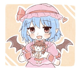 1girl bat_wings blue_hair character_doll commentary_request doll ennma fang hakurei_reimu hat hat_ribbon holding holding_doll looking_at_viewer mob_cap open_mouth pink_hat pink_shirt pink_skirt pointy_ears red_eyes remilia_scarlet ribbon shirt short_sleeves skin_fang skirt smile solo touhou wings wrist_cuffs