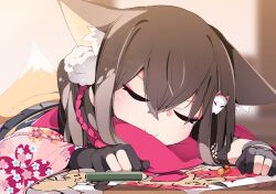1girl animal_ear_fluff animal_ears black_gloves blue_archive brown_hair child&#039;s_drawing closed_eyes closed_mouth fox_ears fox_girl fox_hair_ornament fox_tail gloves hair_ornament highres hstk_mega izuna_(blue_archive) japanese_clothes long_sleeves partially_fingerless_gloves pencil pink_scarf pom_pom_(clothes) pom_pom_hair_ornament scarf short_hair sleeping solo tail