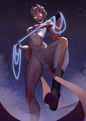 1girl absurdres alien breasts carmeara chinese_commentary closed_mouth energy energy_whip h.an_(516635864) highres holding holding_whip light_smile lips medium_breasts midriff navel orange_eyes purple_lips solid_eyes standing star_(sky) stepped_on tokusatsu ultra_series ultraman_trigger_(series) whip