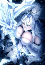 Rule 34 | 1girl, absurdres, azur lane, bare shoulders, black gloves, breasts, cleavage, coat, commentary, english commentary, from above, fur-trimmed coat, fur trim, gloves, hair between eyes, hat, highres, holding, holding staff, junedxu, large breasts, long hair between eyes, looking at viewer, solo, sovetsky soyuz (azur lane), staff, white coat, white hair, white hat