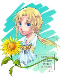 1boy aqua_background ascot blonde_hair blue_eyes collared_shirt colored_eyelashes earrings final_fantasy final_fantasy_ix flower jewelry looking_at_viewer low_ponytail male_focus parted_bangs ponytail quichi_91 shirt short_hair_with_long_locks solo sunflower twitter_username white_ascot white_shirt zidane_tribal
