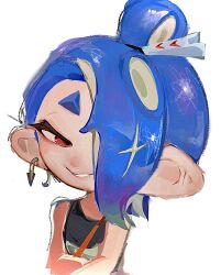 1girl blue_hair ear_piercing hair_over_one_eye highres nintendo octoling parted_lips piercing red_eyes shir4yuu shiver_(splatoon) shiver_(splatoon_raiders) smile solo splatoon_(series) splatoon_raiders tank_top tentacle_hair upper_body white_background