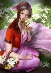 1girl aerith_gainsborough basket bow braid braided_ponytail breasts brown_hair cleavage dress final_fantasy final_fantasy_vii flower green_eyes grin hair_bow hair_intakes holding holding_basket holding_flower jacket long_hair looking_at_viewer medium_breasts open_clothes open_jacket pink_bow pink_dress ponytail red_jacket red_lips short_sleeves sitting smile solo sundress transparent white_flower zumi_(zumidraws)