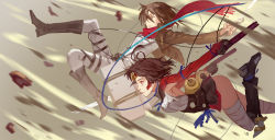 10s 2girls armpits bandaged_leg bandages black_hair boots brown_hair club3 creator_connection crossover dual_wielding gloves gun headband helmet highres holding holding_gun holding_sword holding_weapon koutetsujou_no_kabaneri looking_away mikasa_ackerman miniskirt multiple_girls mumei_(kabaneri) red_scarf scarf shingeki_no_kyojin short_hair simple_background skirt steampunk sword thigh_boots thighhighs weapon
