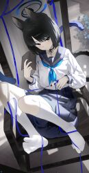 Rule 34 | 1girl, absurdres, animal ear fluff, animal ears, black eyes, black hair, black nails, blue archive, blue halo, blue neckerchief, blue ribbon, blue sailor collar, blue skirt, cat ears, cat girl, cat tail, closed mouth, halo, highres, holding, holding ribbon, kikyou (blue archive), kneehighs, looking at viewer, multiple tails, neckerchief, no shoes, parted bangs, ribbon, sailor collar, shirt, short hair, skirt, socks, soles, solo, songchuan li, tail, two tails, white shirt, white socks