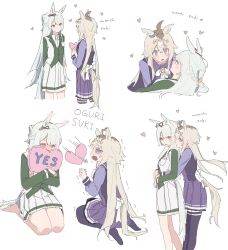Rule 34 | 2girls, black thighhighs, blonde hair, blue eyes, blush, braid, commentary request, fujimasa march (umamusume), green jacket, half up braid, heart, highres, hill chuchu, hug, hug from behind, jacket, long hair, looking at another, multiple girls, oguri cap (umamusume), open mouth, orange eyes, pleated skirt, purple skirt, school uniform, seiza, simple background, sitting, skirt, thighhighs, tracen school uniform, umamusume, umamusume: cinderella gray, white background, white hair, white skirt, yes-no pillow, yuri