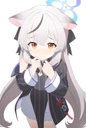 1girl absurdres animal_ears black_dress blue_archive blue_halo china_dress chinese_clothes diamond_cutout dress furrowed_brow grey_hair halo hands_up highres kokona_(blue_archive) light_blush long_hair looking_at_viewer multicolored_hair nervous off_shoulder orange_eyes pelvic_curtain shirao_shiki skirt solo streaked_hair striped_clothes striped_dress tiger_ears tiger_girl vertical_stripes very_long_hair wavy_mouth white_background white_skirt