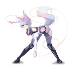 1girl absurdres animal_ears asymmetrical_hair bare_shoulders cyberpunk_(series) cyberpunk_edgerunners eyeliner fox_ears fox_girl fox_tail highres jacket kemonomimi_mode lucy_(cyberpunk) makeup nark0nix open_clothes open_jacket red_eyeliner short_hair solo tail white_background