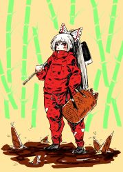 1girl absurdres alternate_costume backpack_basket bamboo bamboo_shoot basket bow female_focus fujiwara_no_mokou hair_bow highres hoe long_hair nehitsuji_(syatihokoga) red_eyes shovel silver_hair solo syatihokoga touhou worktool