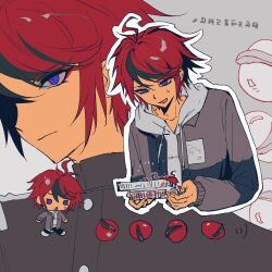 Rule 34 | 1boy, ahoge, black streaks, blue eyes, blue jacket, chibi, chibi inset, container, drawstring, eyeliner, gakuran, grey background, grey jacket, hashtag-only commentary, highres, holding, hood, hoodie, jacket, last defense academy school uniform, looking ahead, looking at object, makeup, male focus, mint1618680, multicolored hair, multicolored jacket, multiple views, open clothes, open jacket, outline, red eyeliner, red hair, school uniform, short hair, simple background, streaked hair, sumino takumi, sweatdrop, the hundred line -last defense academy-, tomato, two-tone jacket, white hoodie, white outline