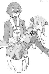 2girls animal_ears belle_(zenless_zone_zero) blush commentary drooling elbow_gloves english_commentary fang gloves greyscale hand_on_another&#039;s_waist high-waist_shorts highres jacket ju_fufu long_hair long_sleeves meous monochrome multiple_girls open_mouth saliva short_hair shorts smile spanking tail tiger_ears tiger_girl tiger_tail twitter_username yuri zenless_zone_zero